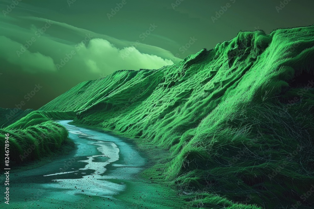 Aufkleber Scenic view of a green mountain with a stream running through it. Suitable for nature and landscape concepts