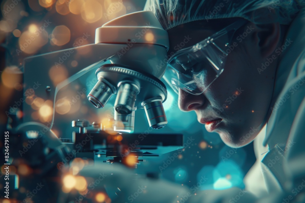 Poster a woman in a lab coat studying through a microscope. suitable for scientific and research concepts