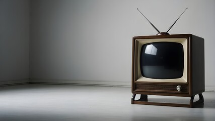 An isolated, antique, retro television set with a blank screen set against a white backdrop.
