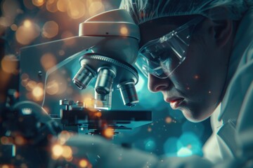 A woman in a lab coat studying through a microscope. Suitable for scientific and research concepts