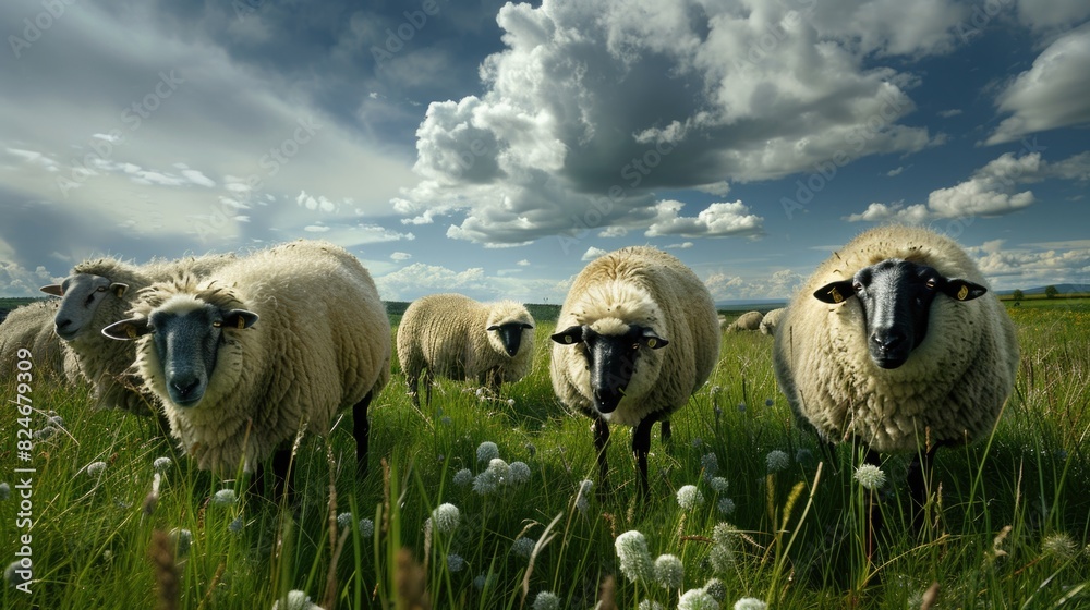 Poster a herd of sheep standing on a lush green field. suitable for agricultural and nature concepts