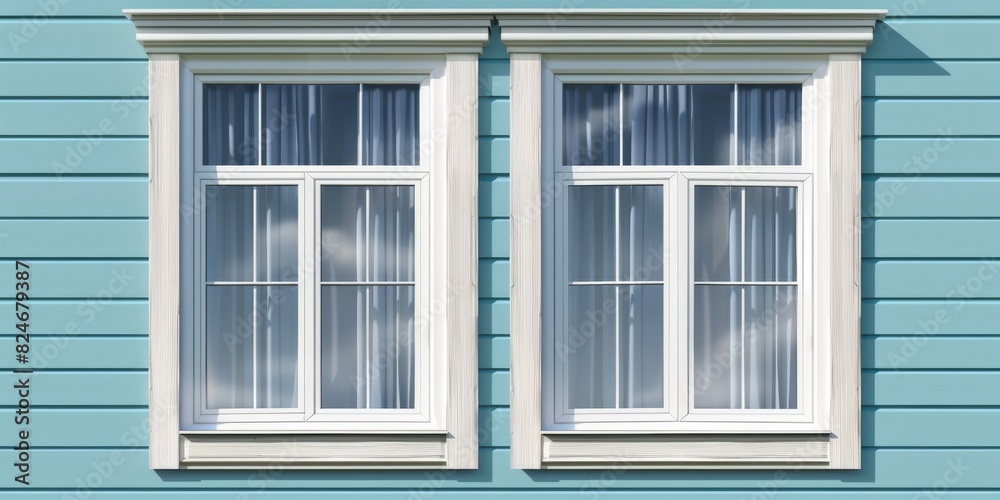 Poster two windows on a blue building with white trim. suitable for architectural and real estate concepts