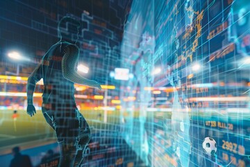 Futuristic digital silhouette of a soccer player with interface elements and stadium backdrop