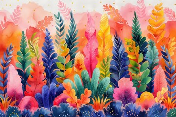 Colorful tropical theme gouache painting, bright watercolor illustration