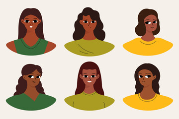 Set of user profiles. Smiling black woman avatar collection. Chat icons, different faces. Isolated flat illustrations bundle.