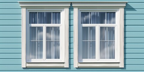 Fototapeta premium Two windows on a blue building with white trim. Suitable for architectural and real estate concepts