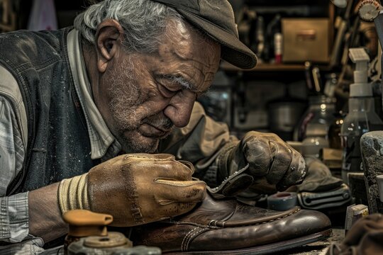 A man working on a shoe in a shoe repair shop. Ideal for business and craftsmanship concepts