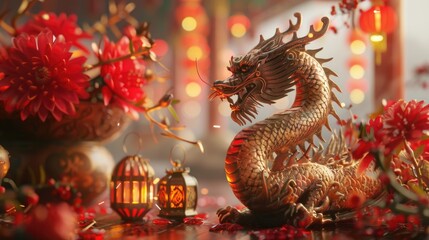 Obraz premium A dragon statue sitting on a table, perfect for fantasy-themed designs