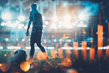 Soccer player on the field with digital overlay of statistics and data analysis