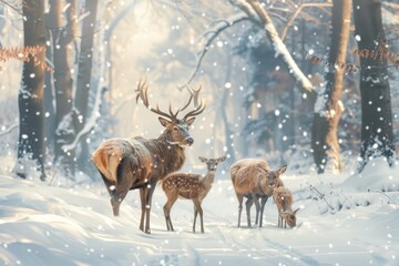 A herd of deer standing on top of a snow covered forest. Perfect for winter themes
