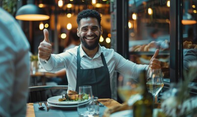 Customer Giving Thumbs-Up to Waiter in Restaurant
