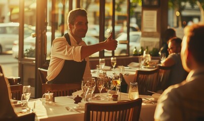 Customer Giving Thumbs-Up to Waiter in Restaurant
