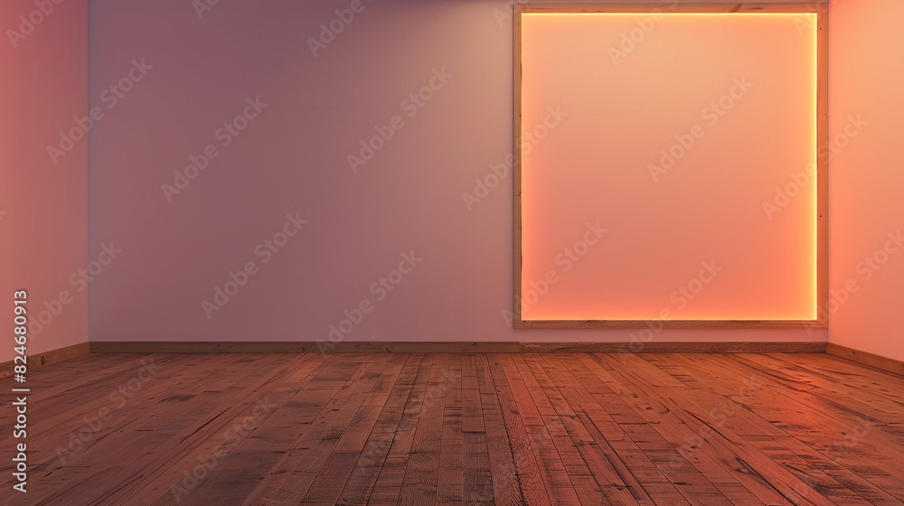 Wall mural Simple room with wooden flooring and a wooden frame mockup lit by a peach light border.