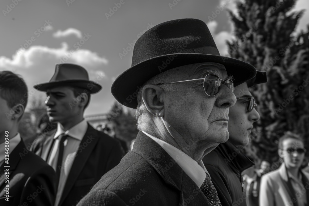 Poster a group of men in suits and hats standing together. suitable for business and team concept