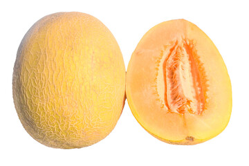 yellow cantaloupe melon isolated on white background. full depth of field, Cantaloupe melon slices sitting on blue rustic plate on wooden tabletop with two spoons and bowl filled with melon pieces
