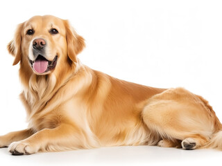 Golden retriever lying down. Isolated white background