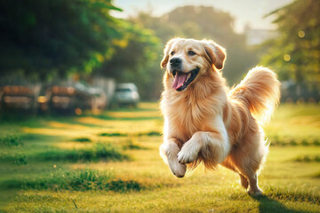 a cheerful retriever dog running across the lawn.