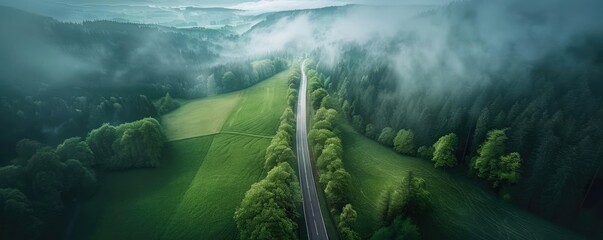 Aerial view of a scenic road through foggy forest and fields, creating a serene and mystical landscape, shot during a cloudy day.