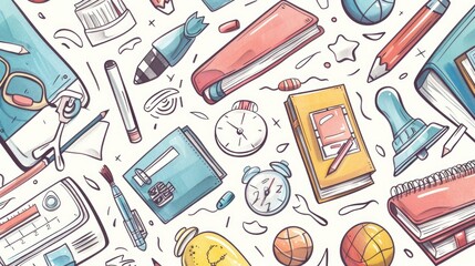 Various school supplies neatly arranged on a white background. Perfect for educational concepts and back to school designs
