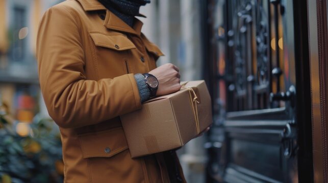 A man in a brown coat holding a brown box. Suitable for delivery or surprise concept