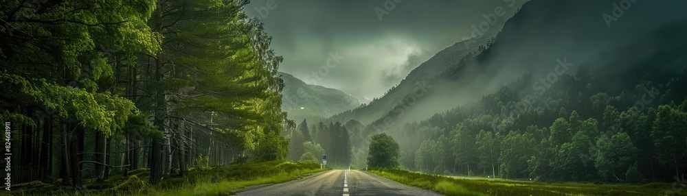 Aufkleber a serene road cutting through a lush green forest with misty mountains in the background, creating a