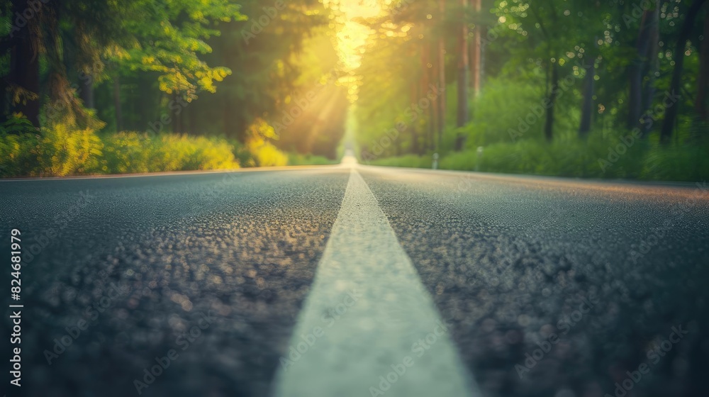 Poster sunlit asphalt road with a central white line, surrounded by lush green trees in a serene forest set