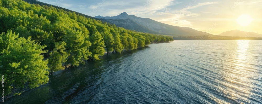 Poster scenic view of a serene lake with lush green trees and a mountain under the sunset sky, creating a p