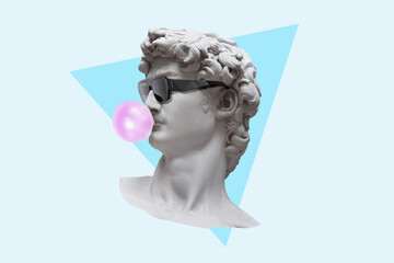 Cool hipster statue bust with fashion sunglasses blows a bubble gum on a blue triangle background...