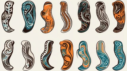 Footprints of boots and foot doodle set. Collection of hand drawn barefoot and boots footprints in rows with various patterns isolated on transparent background