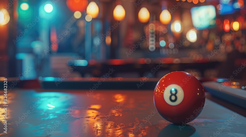 Poster a single pool ball on a green felt pool table. suitable for sports and leisure concepts