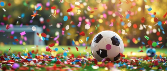 EM European Championship 2024 sport win, triumph, winner celebration concept background - Soccer ball and confetti