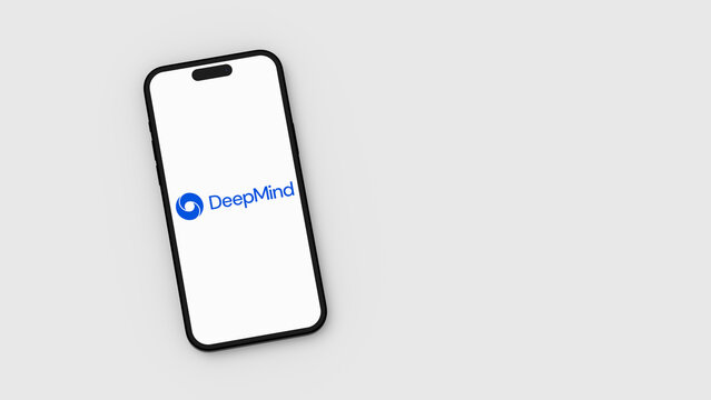 Deepmind Logo on Mobile Phone Screen on Gray Background with Copy Space