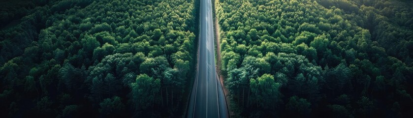 Fototapeta premium Aerial view of a straight road cutting through lush green forest, symbolizing journey, isolation, and natural beauty.