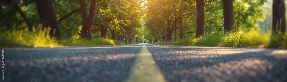 Poster scenic rural road surrounded by lush green trees and sunlight filtering through, creating a serene a