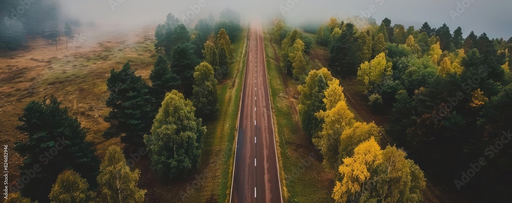 Poster aerial view of a scenic road surrounded by autumn trees in a forest, with misty atmosphere and vibra