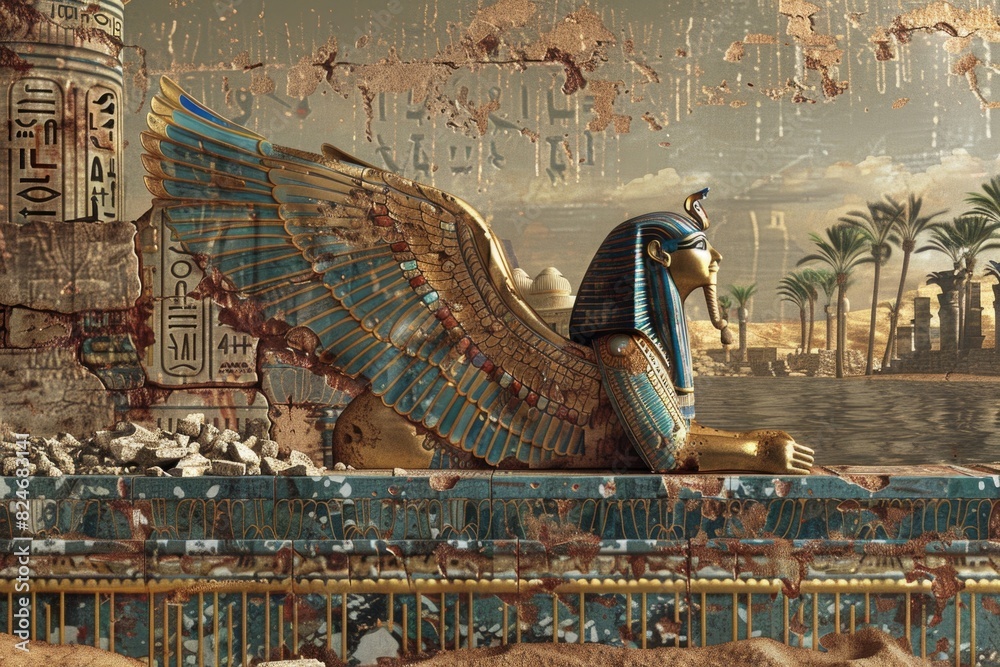 Poster A majestic Egyptian sphinx statue perched on a wall. Suitable for historical and architectural projects
