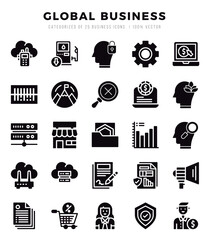 Collection of Global Business 25 Glyph Icons Pack.