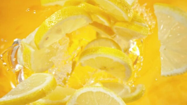 Super Slow Motion of Falling Lemon Slices into Water. Filmed on High Speed Cinema Camera, 1000fps, Placed on High Speed Cine Bot. Camera in Motion, Following Objects.