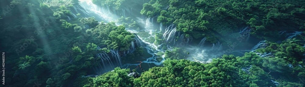 Poster Aerial view of lush rainforest with cascading waterfalls and sun rays filtering through the canopy, creating a serene and vibrant natural scene.