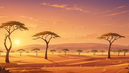 Golden Hour on Dry Savanna with Acacias Vector Art Background