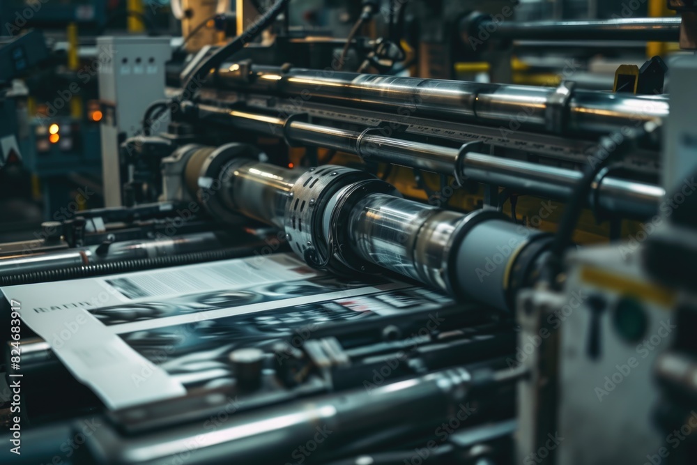 Poster A machine in the process of printing a magazine. Ideal for printing industry concepts