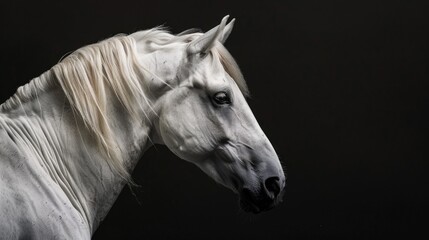 A white horse standing in a dark room. Suitable for various projects