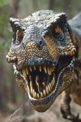 Fototapeta premium Detailed close-up of a dinosaur with its mouth wide open. Suitable for educational purposes or dinosaur-themed designs