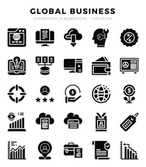 Global Business icons Pack. Glyph icons set. Global Business collection set.