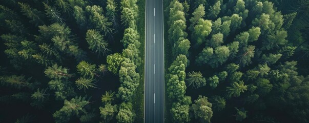 Aerial view of a straight road cutting through a dense, lush green forest, creating a striking contrast between nature and infrastructure.