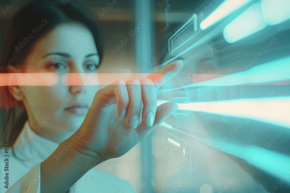 Poster a woman pressing a button on a digital screen. suitable for technology concepts