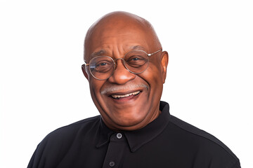 Smiling senior black man on white background. Topics related to old age. afro american. Africa. Retirement home. Retirement. Image for Graphic Designer. Senior residence. AI.