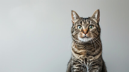Fototapeta premium Portrait of a sitting tabby cat looking forward against a white backdground