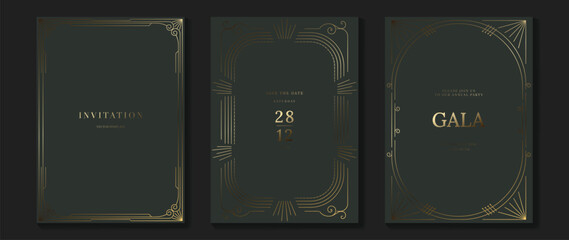 Luxury invitation card background vector. Golden elegant geometric shape, gold lines gradient on dark green background. Premium design illustration for gala, grand opening, party invitation, wedding.