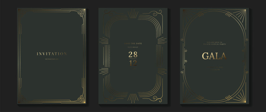 Luxury invitation card background vector. Golden elegant geometric shape, gold lines gradient on dark green background. Premium design illustration for gala, grand opening, party invitation, wedding.